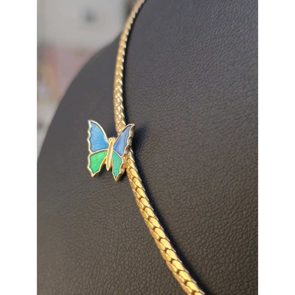 Avon Gold Tone Herringbone Chain Blue Green Enamel Butterfly Necklace Vintage